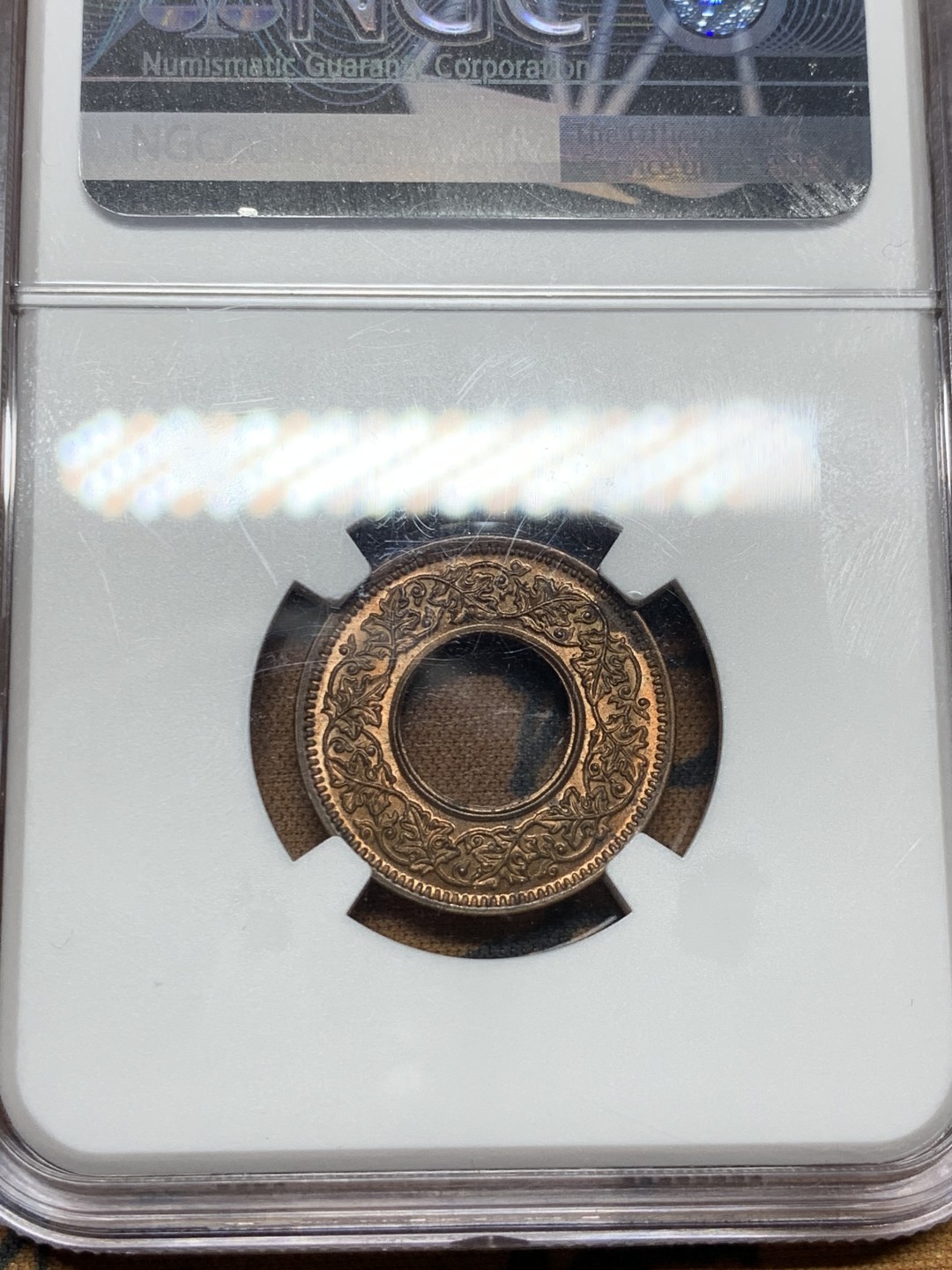 《竞宝斋》第38场-本周一 （全场顺丰包邮） NGC-MS63RB 英属印度1945年B版乔治六世1派沙铜币 钻石扁冠版 铜光满满 与《信条》同款 状态远超63 严重低评