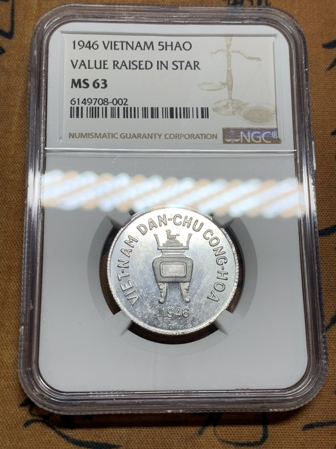 《竞宝斋》第38场-本周一 （全场顺丰包邮） NGC-MS63 越南 1946年凸版香炉五毫 凸版的不是普通凹版！越南游击队北越五小强系列精品，美国老藏家遗产回流货，暴光好品！