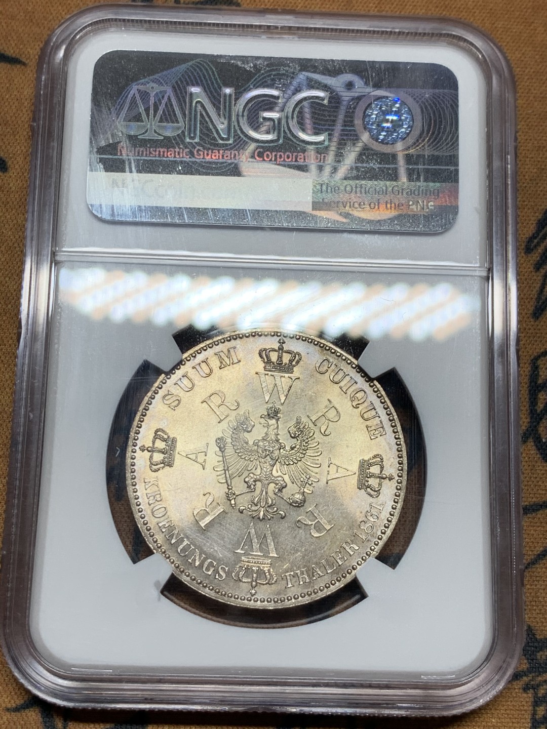 《竞宝斋》第38场-本周一 （全场顺丰包邮） NGC-unc 德国普鲁士1861年毛衣泰勒 状态好 PL底板