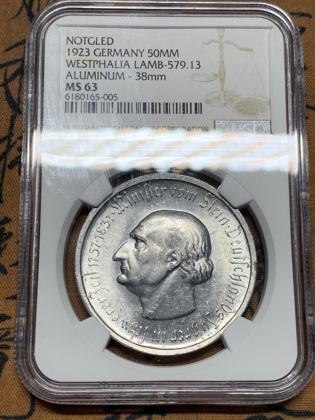 《竞宝斋》第38场-本周一 （全场顺丰包邮） NGC-MS63 德国魏玛共和国 1923年 5000万马克 铝币 大马币铝制的少见
