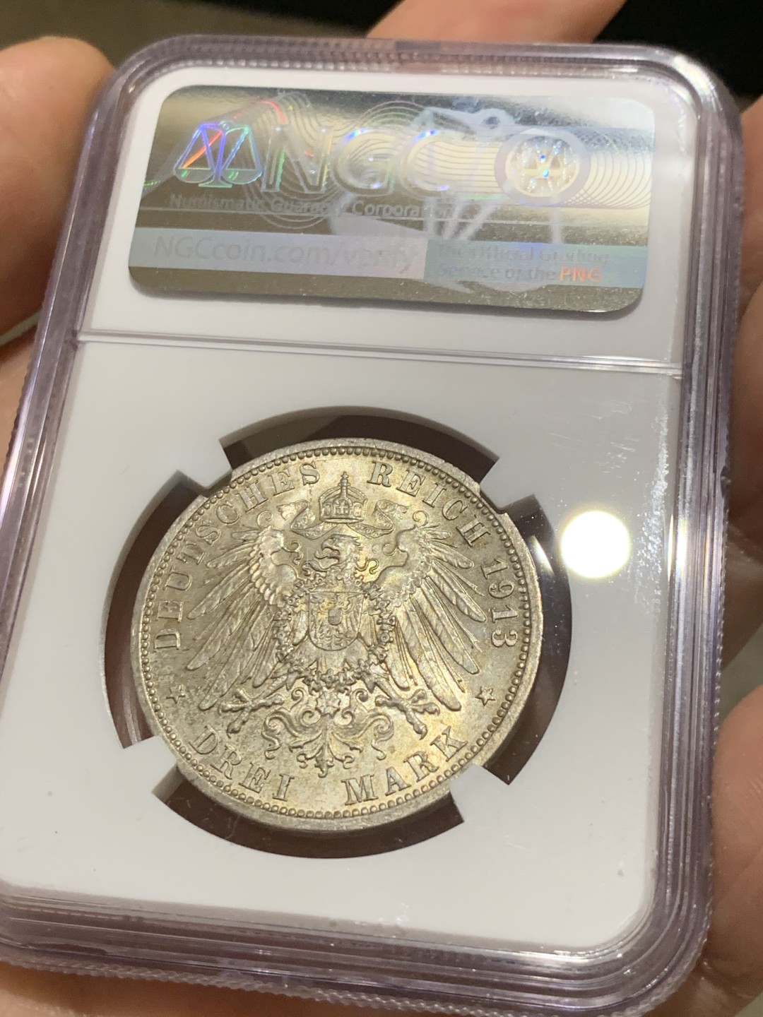 《竞宝斋》第38场-本周一 （全场顺丰包邮） NGC-MS63 德国普鲁士 1913年 军装版 3马克 淡金彩 银币 非常漂亮
