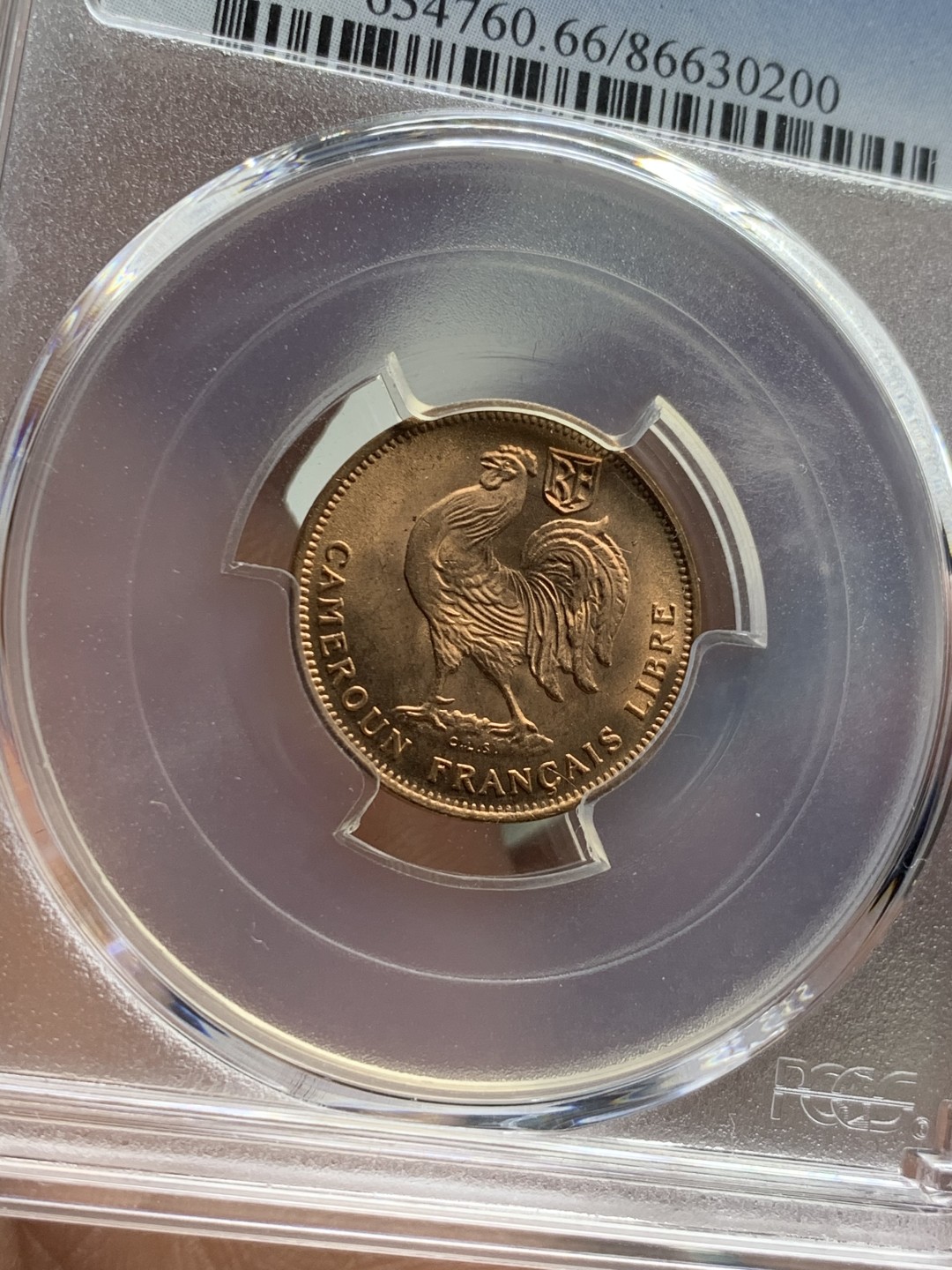 《竞宝斋》第38场-本周一 （全场顺丰包邮） PCGS-MS 66RD 法属喀麦隆1943年50分 铜光充沛 亚军分