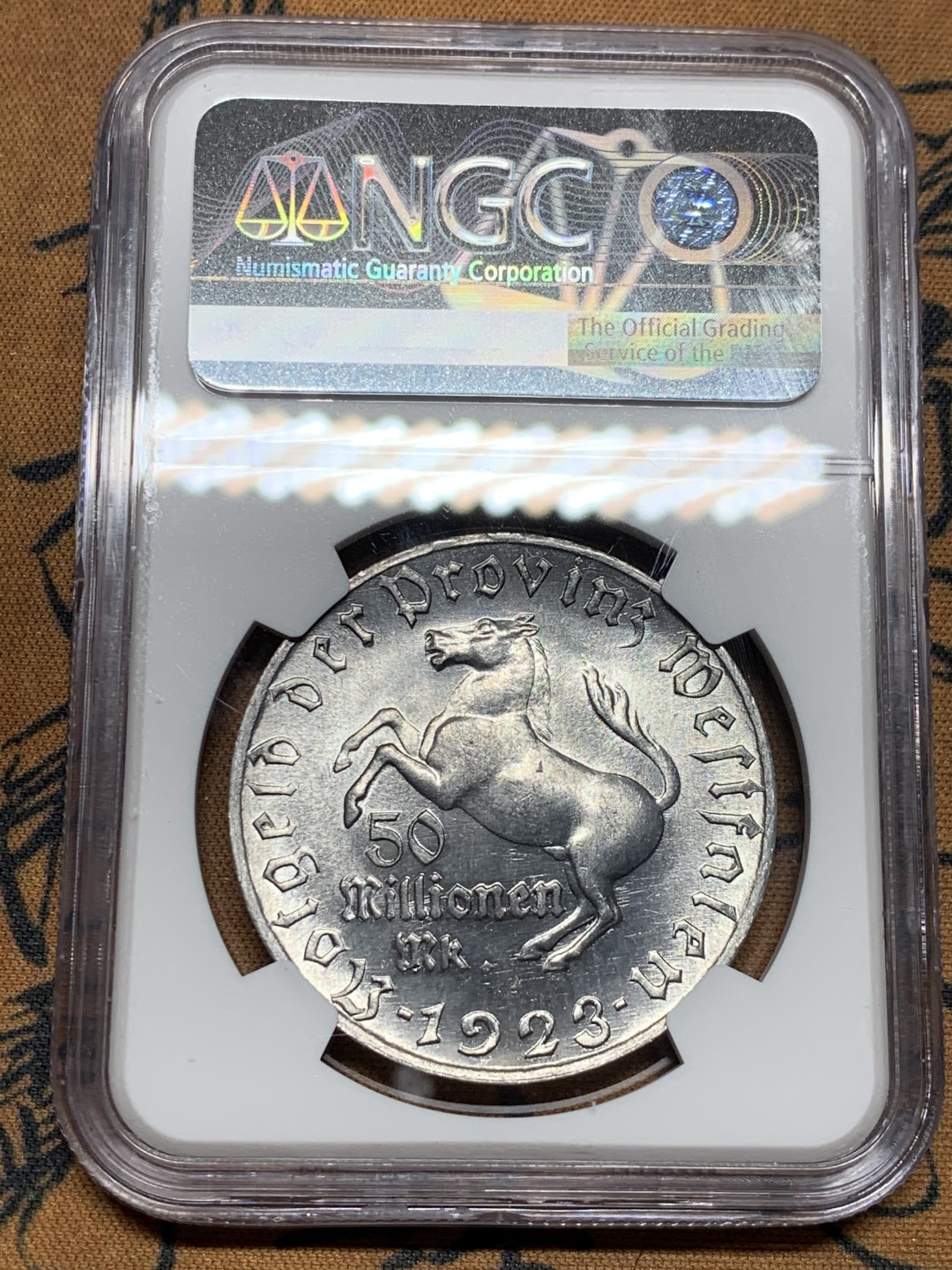 《竞宝斋》第38场-本周一 （全场顺丰包邮） NGC-MS63 德国魏玛共和国 1923年 5000万马克 铝币 大马币铝制的少见