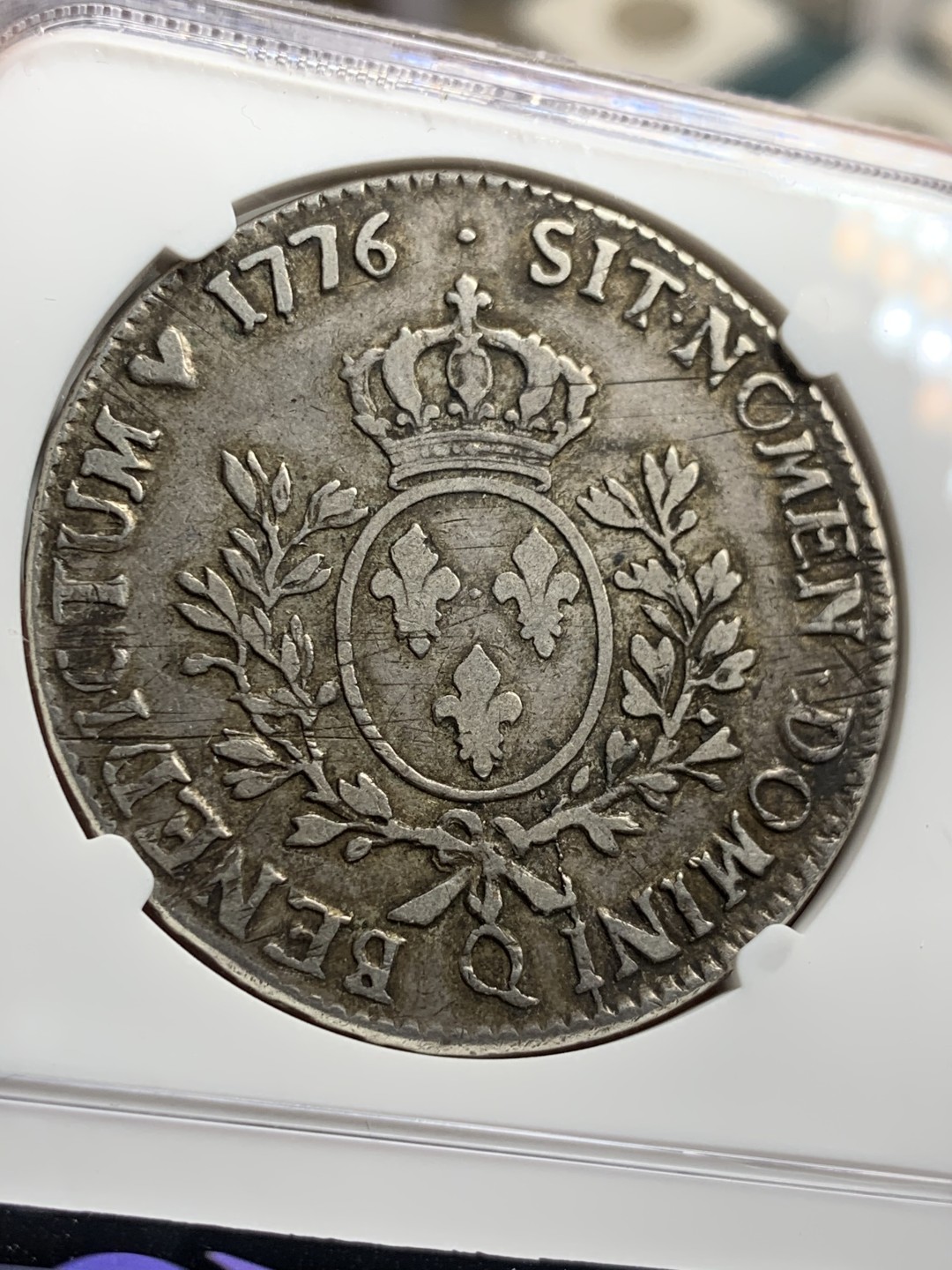 《竞宝斋》第38场-本周一 （全场顺丰包邮） NGC-VF35 法国 1776-Q年 路易十六 佩皮尼昂造币厂 老ECU 大银币 传世黑包浆