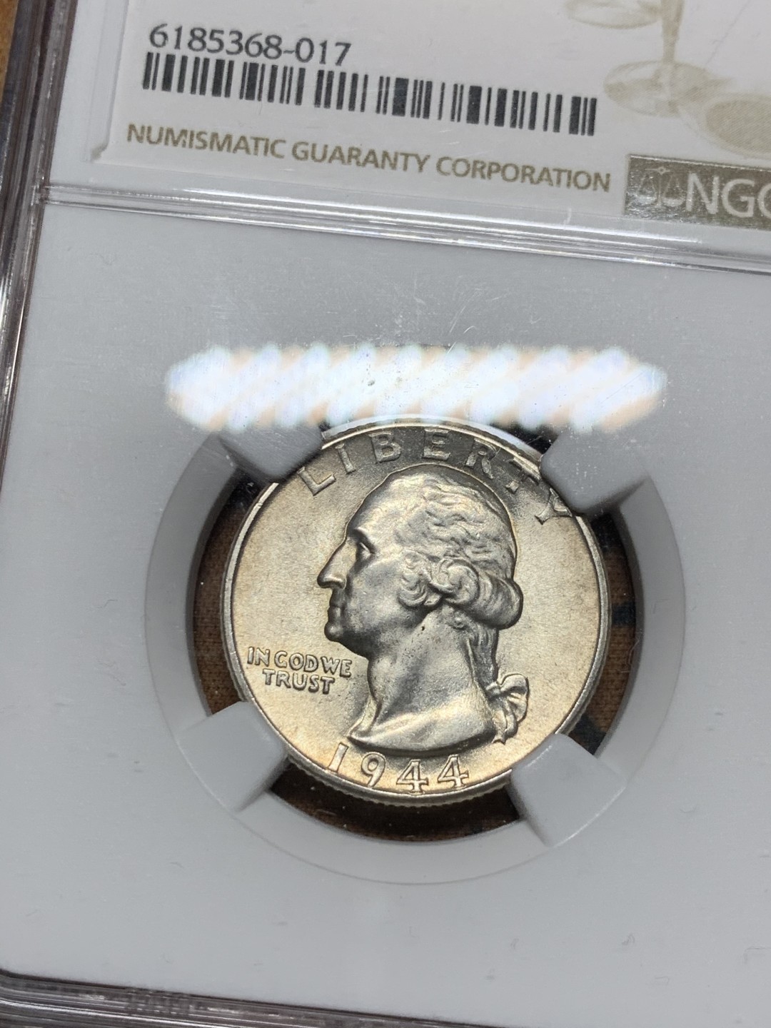 《竞宝斋》第38场-本周一 （全场顺丰包邮） NGC-MS 63  美国1944年25分银币 车轮原光