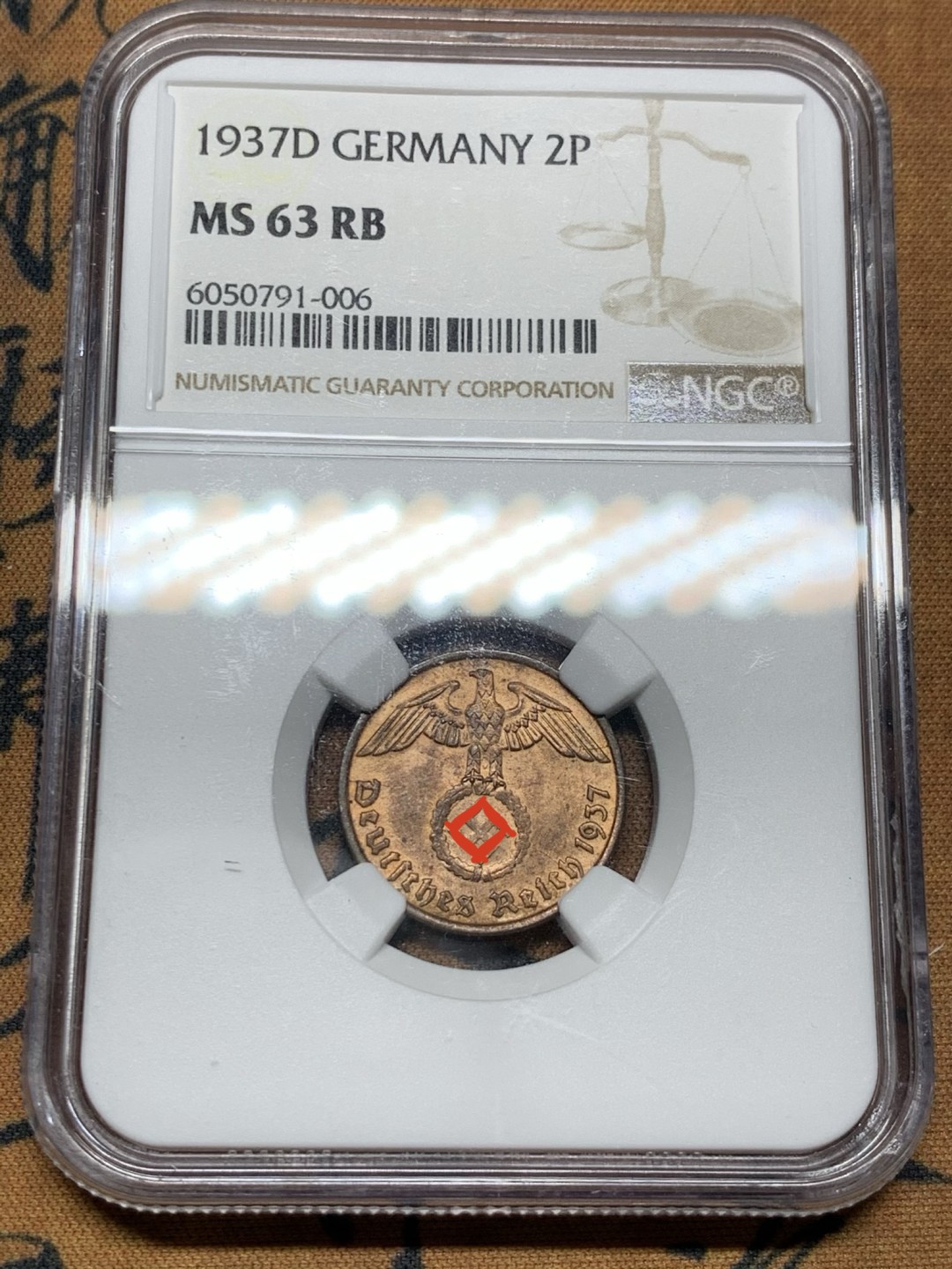 《竞宝斋》第38场-本周一 （全场顺丰包邮） NGC-MS63RB 德国 1937年D 2芬尼 铜币 难得开卷原光！