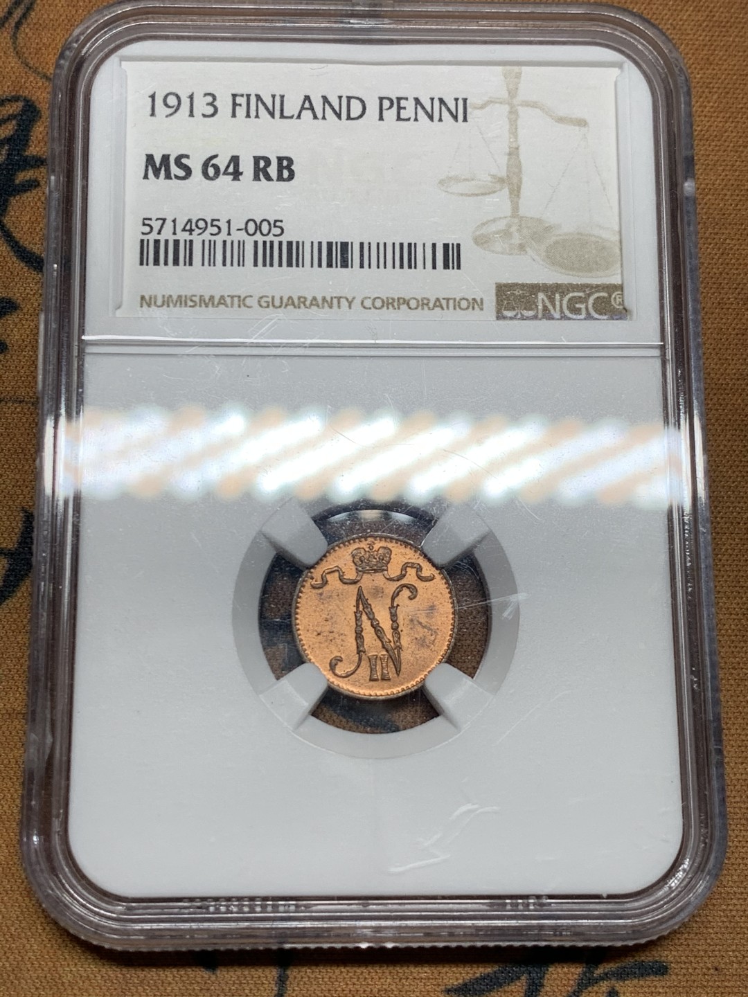 《竞宝斋》第38场-本周一 （全场顺丰包邮） NGC-MS64RB 芬兰 1913年 俄占芬兰时期1盆尼 铜光可见 收藏级品相