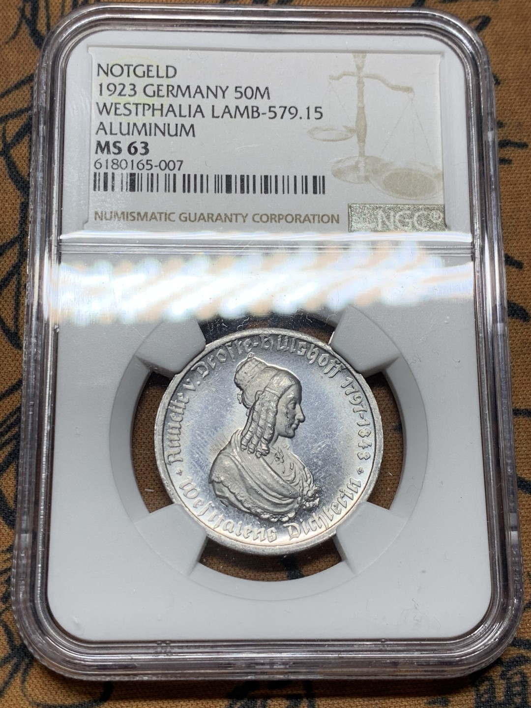 《竞宝斋》第38场-本周一 （全场顺丰包邮） NGC-MS63 德国魏玛共和国 1923年 女人像 50马克 铝币 这品种入盒的还是很少的