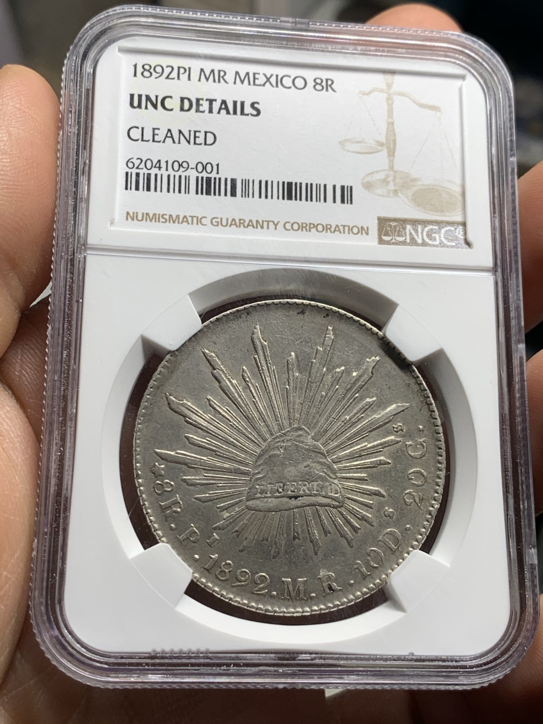 《竞宝斋》第38场-本周一 （全场顺丰包邮） NGC-UNCD  1892 墨西哥鹰洋 8 里亚尔 波多西厂  原味地光