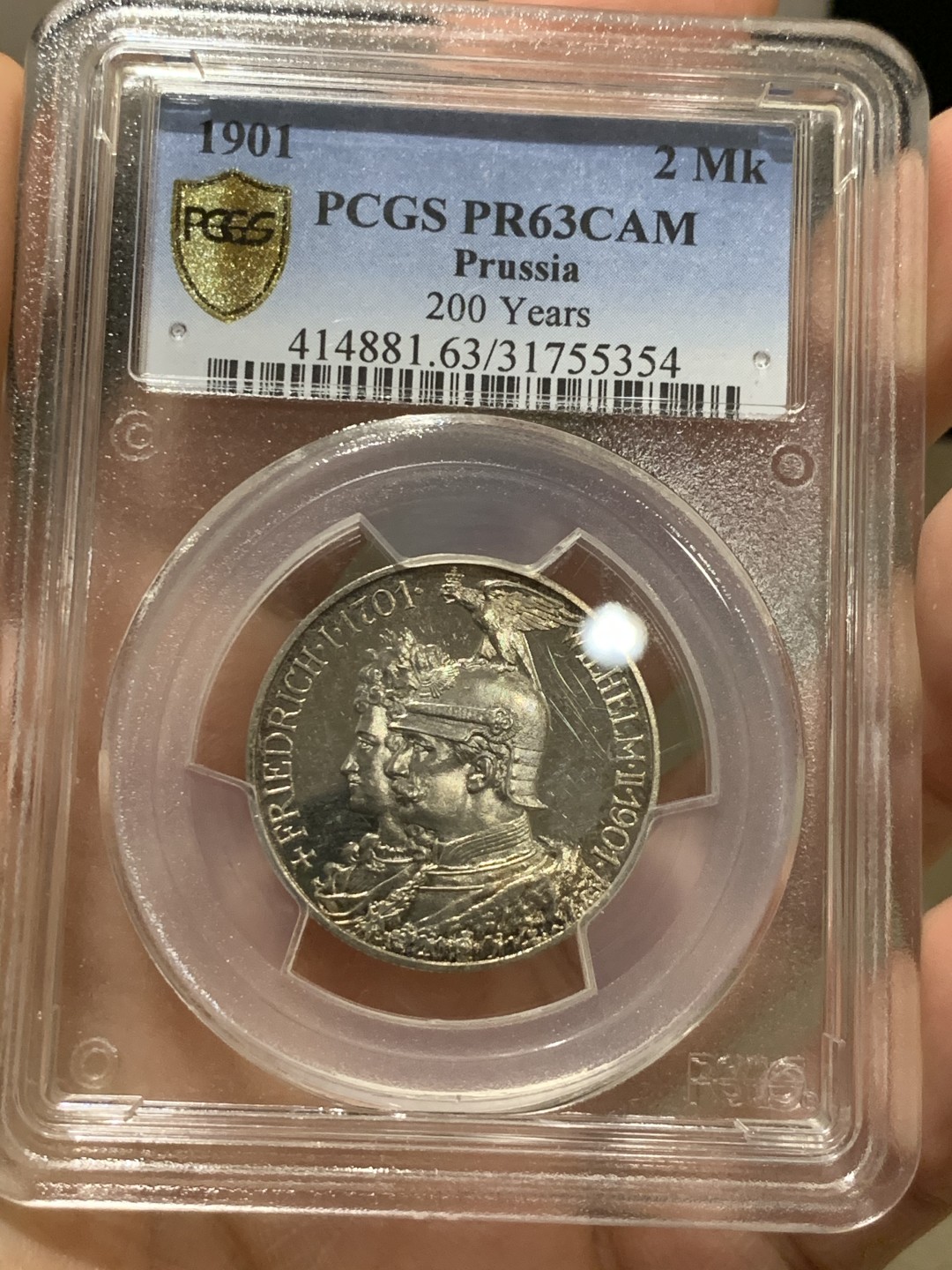 《竞宝斋》第38场-本周一 （全场顺丰包邮） 1901年 PCGS PR63CAM 德国普鲁士建邦200周年纪念2马克银币 ,镜面