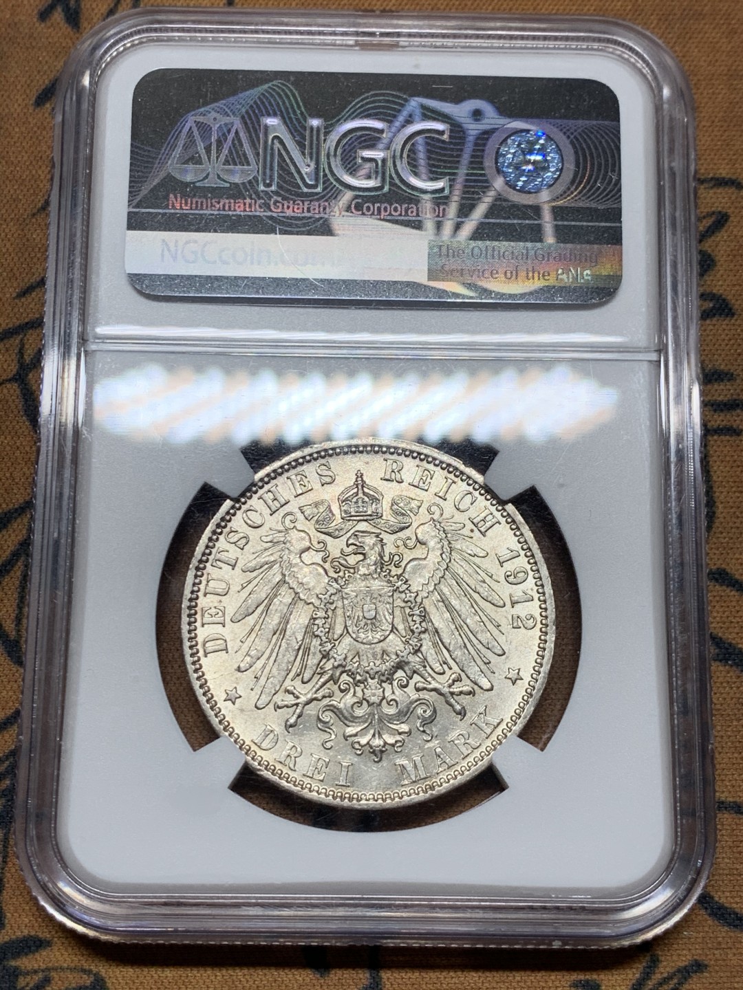 《竞宝斋》第38场-本周一 （全场顺丰包邮） NGC-MS63 德国汉堡1912年3马克 银币 淡彩包浆 非常漂亮