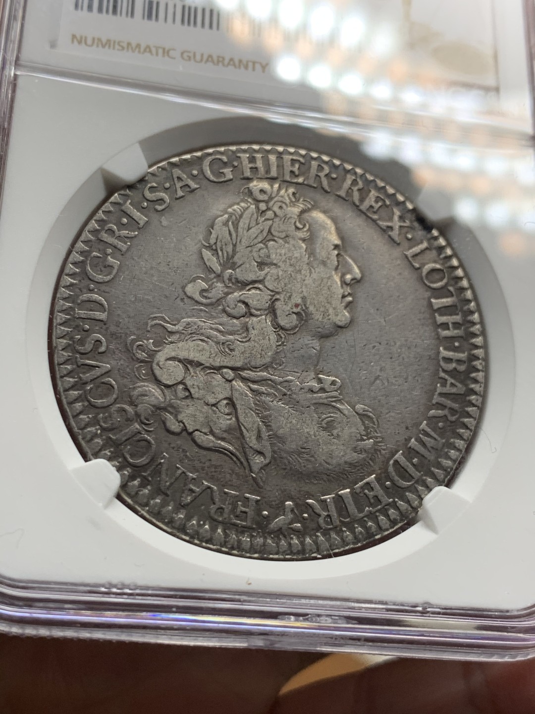 《竞宝斋》第38场-本周一 （全场顺丰包邮） 亚军分 NGC-VF35 意大利托斯卡纳 1747年 佛朗茨一世双头鹰 10宝利大银币 黑包浆 出分稀少