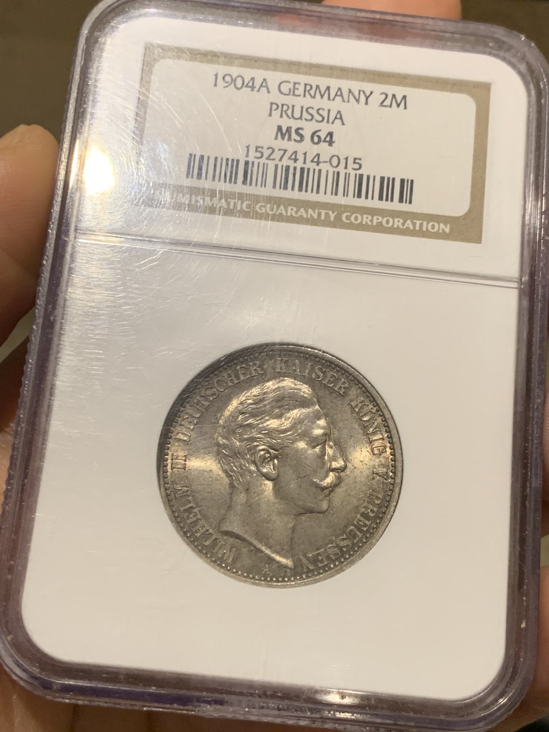 《竞宝斋》第38场-本周一 （全场顺丰包邮） 1904年 NGC MS64 德国普鲁士威廉二世2马克银币 老盒严评