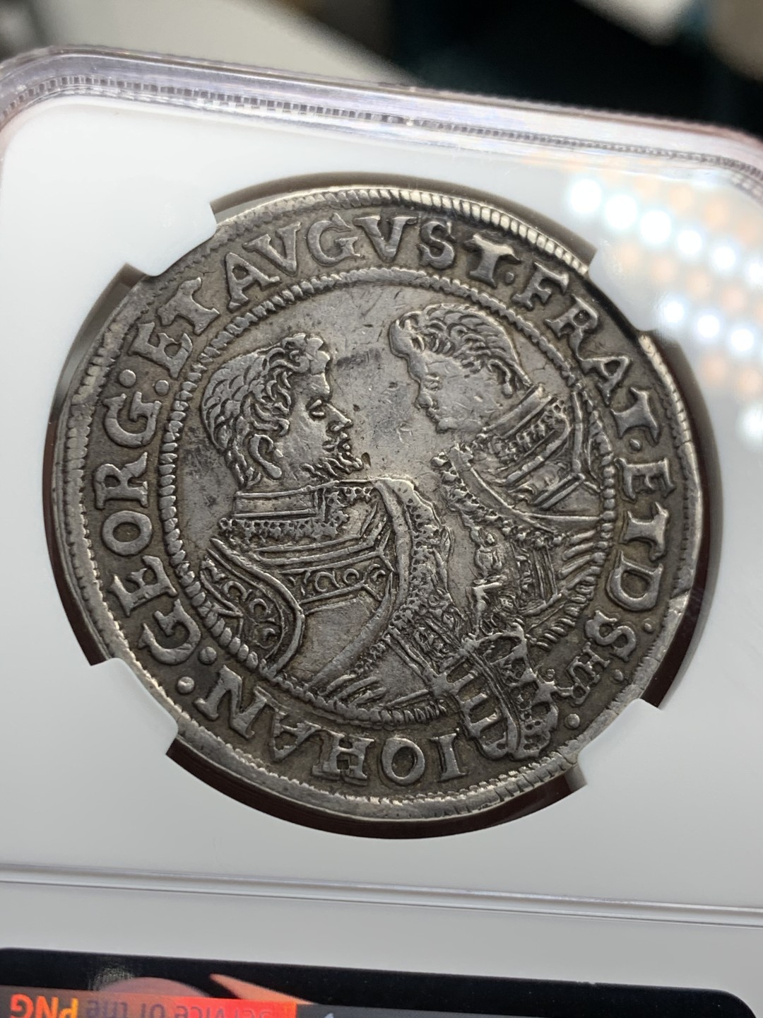 《竞宝斋》第38场-本周一 （全场顺丰包邮） NGC-AU50 德国萨克森 1609年 克里斯蒂安二世持剑 大泰勒 黑包浆好品 VF没分的裸币已经超过300欧元