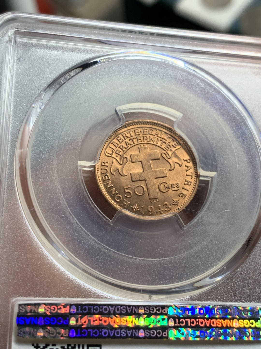 《竞宝斋》第38场-本周一 （全场顺丰包邮） PCGS-MS 66RD 法属喀麦隆1943年50分 铜光充沛 亚军分