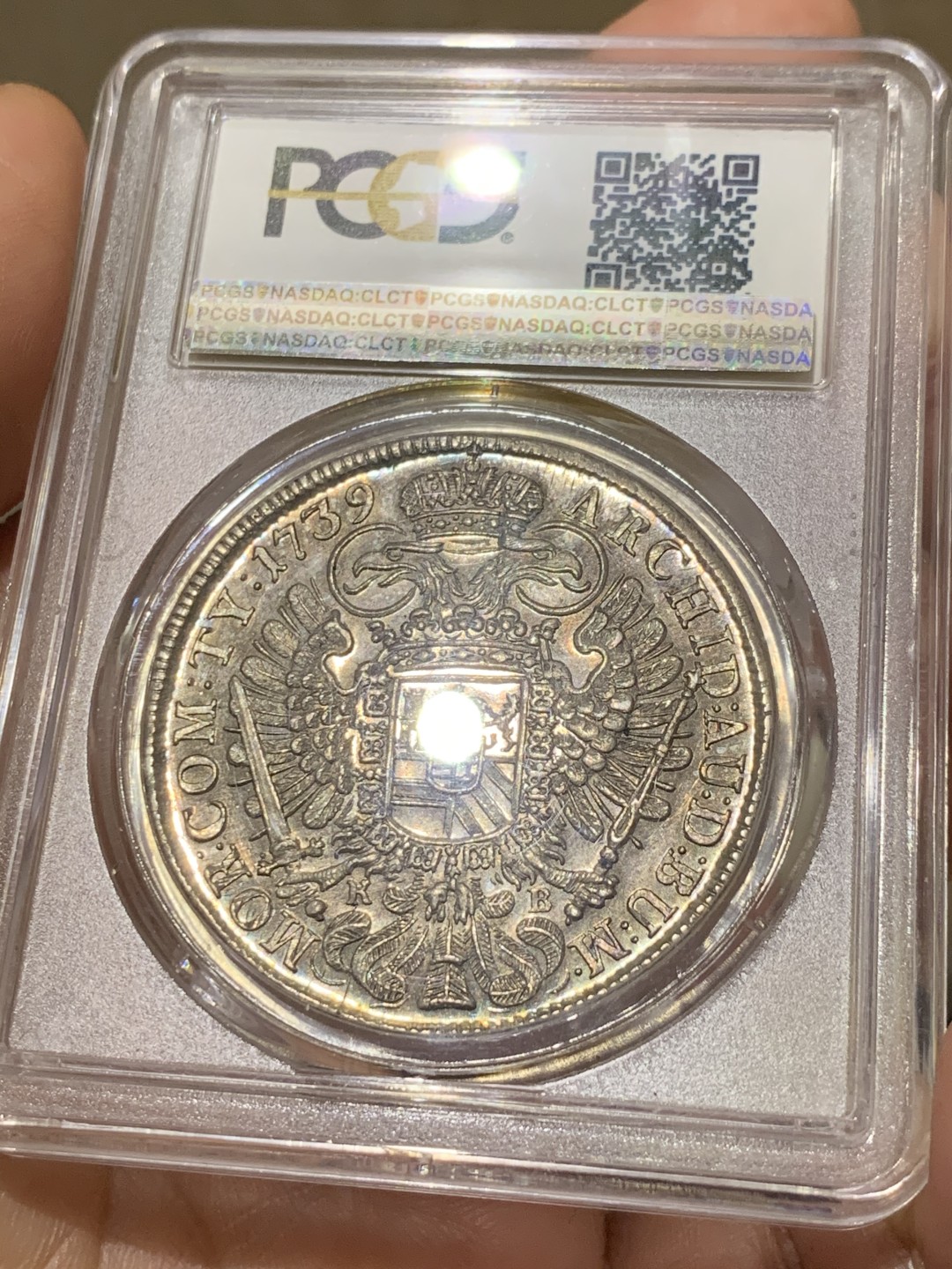 《竞宝斋》第38场-本周一 （全场顺丰包邮） PCGS-MS63 1739年神圣罗马帝国泰勒银币 匈牙利版，超炫五彩，唯一冠军分