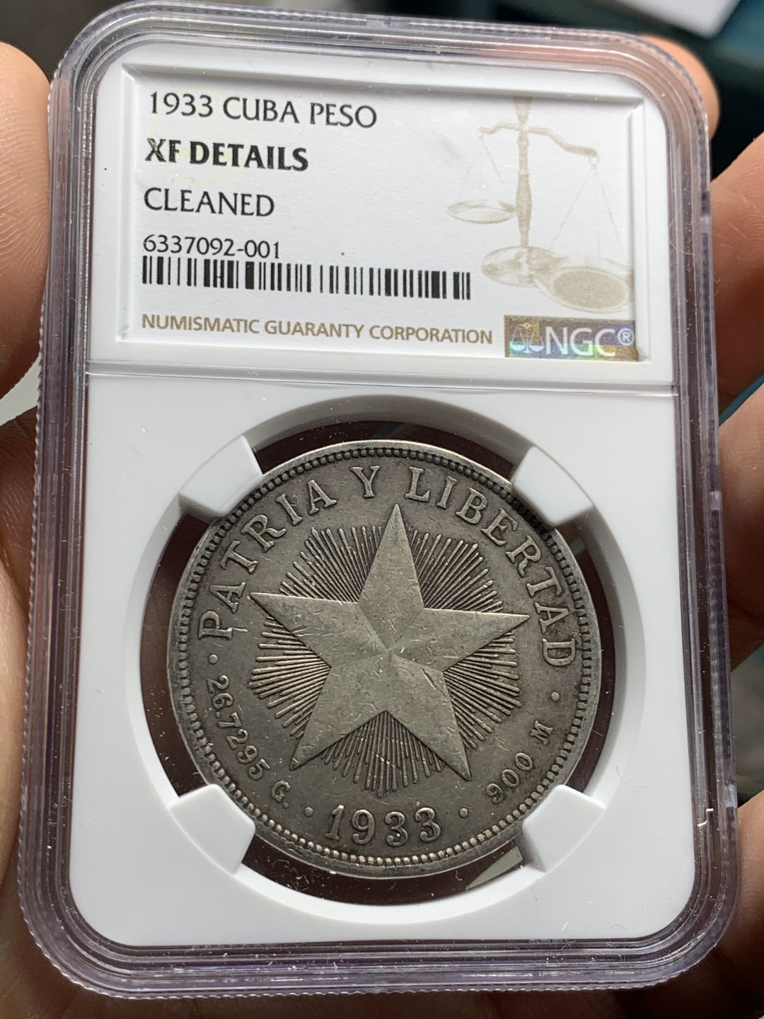 《竞宝斋》第38场-本周一 （全场顺丰包邮） NGC-XF 古巴 1933年 大五星 1比索 大银币 这样的包浆居然说有洗 还有没有天理
