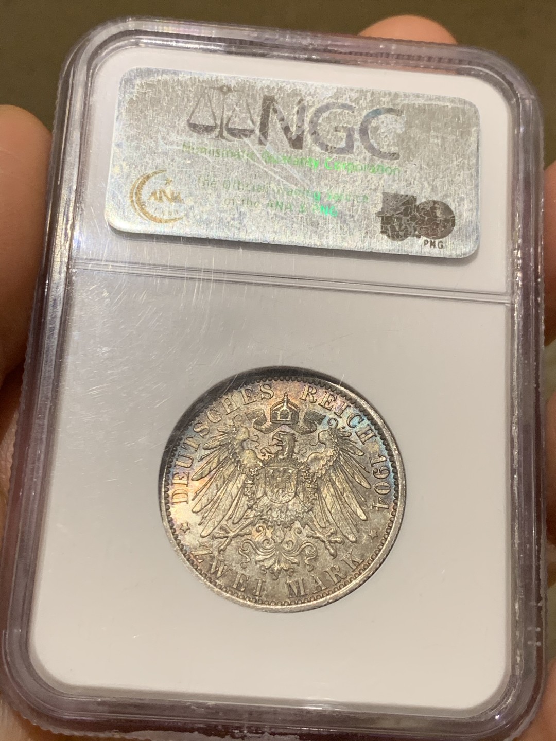 《竞宝斋》第38场-本周一 （全场顺丰包邮） 1904年 NGC MS64 德国普鲁士威廉二世2马克银币 老盒严评