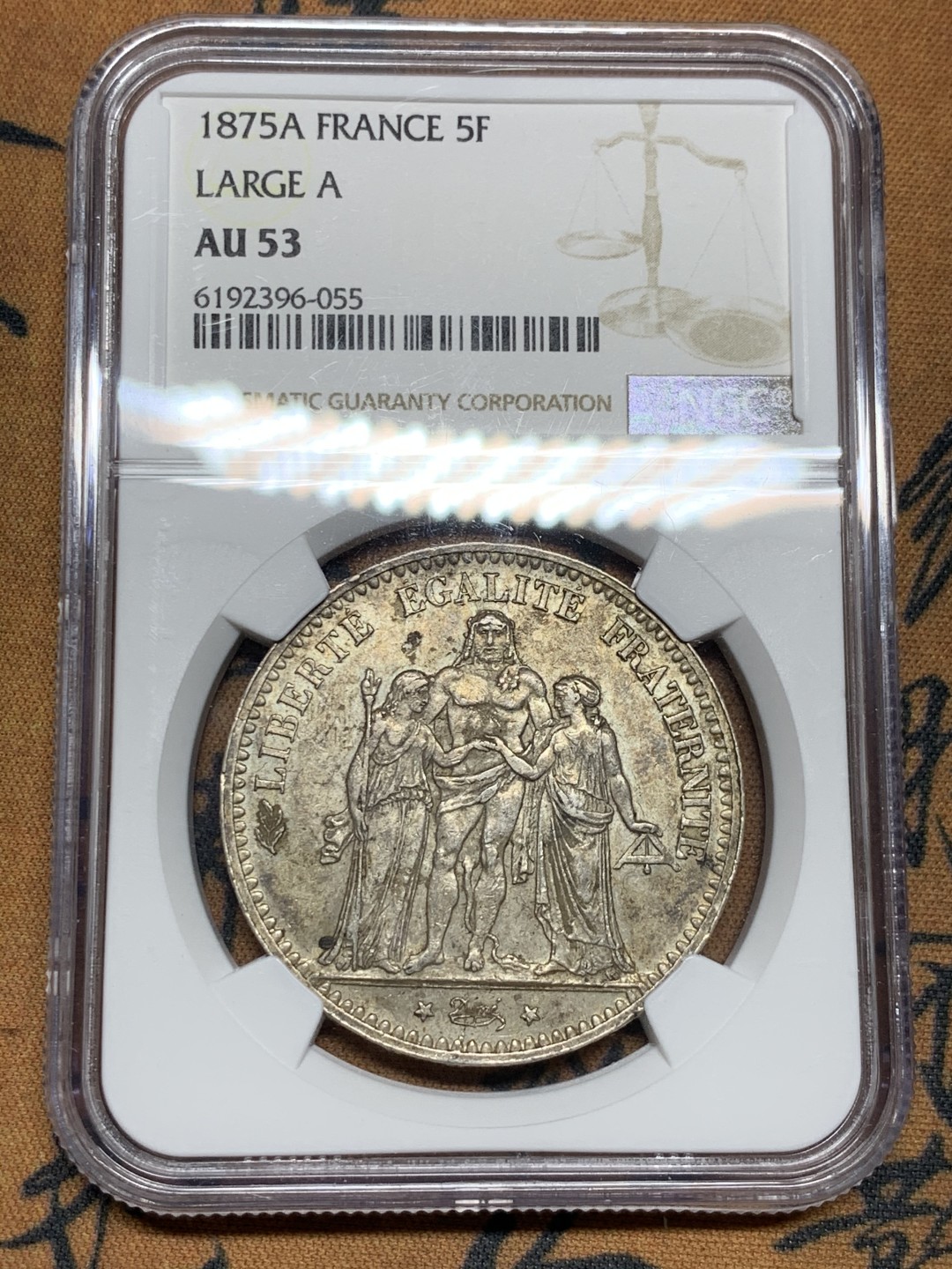 《竞宝斋》第38场-本周一 （全场顺丰包邮） NGC-AU53 法国 1875年 大力神 5法郎 大银币 原味老包浆