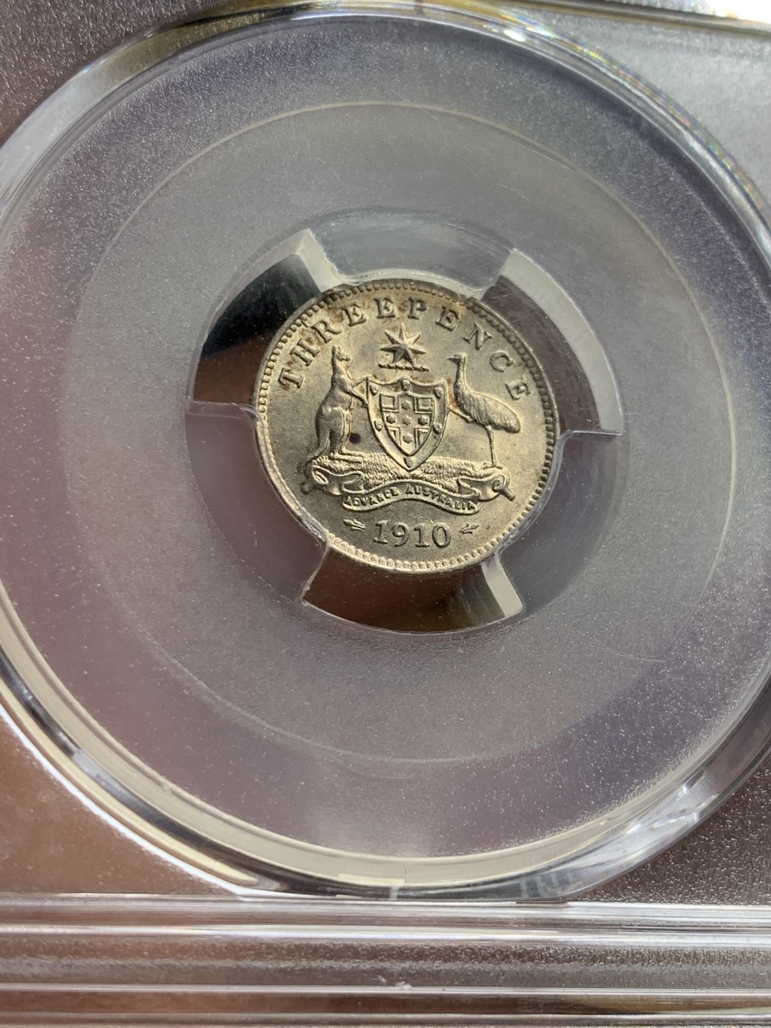 《竞宝斋》第38场-本周一 （全场顺丰包邮） PCGS-MS 62 英属澳大利亚1910年爱德华七世3便士银币