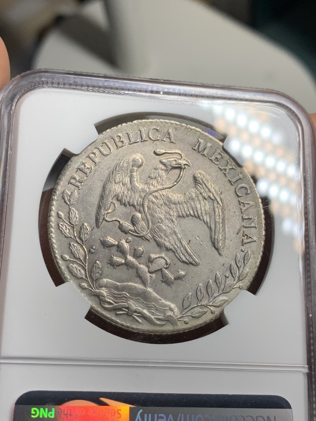 《竞宝斋》第38场-本周一 （全场顺丰包邮） NGC-AU级 墨西哥1896年 墨西哥8R鹰洋 原味淡彩 全羽状态