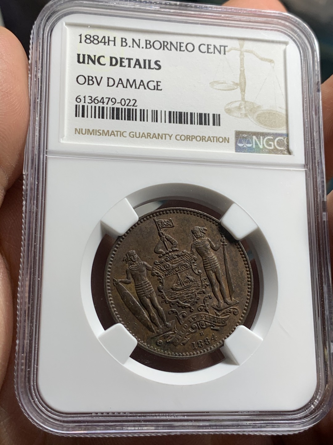 《竞宝斋》第38场-本周一 （全场顺丰包邮） NGC-UNC 英属北婆罗洲1884H洋元一分 高点具在 巧克力包浆