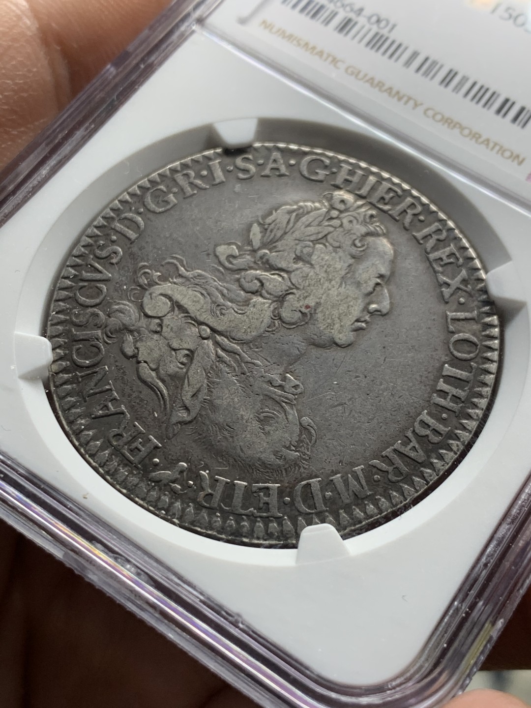 《竞宝斋》第38场-本周一 （全场顺丰包邮） 亚军分 NGC-VF35 意大利托斯卡纳 1747年 佛朗茨一世双头鹰 10宝利大银币 黑包浆 出分稀少