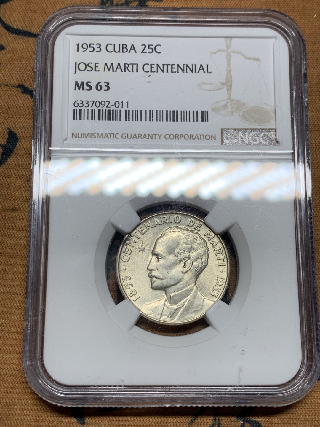 《竞宝斋》第38场-本周一 （全场顺丰包邮） NGC-MS63 古巴 1953年 何塞马丁百年纪念 25分 原光银币 能上这分不容易