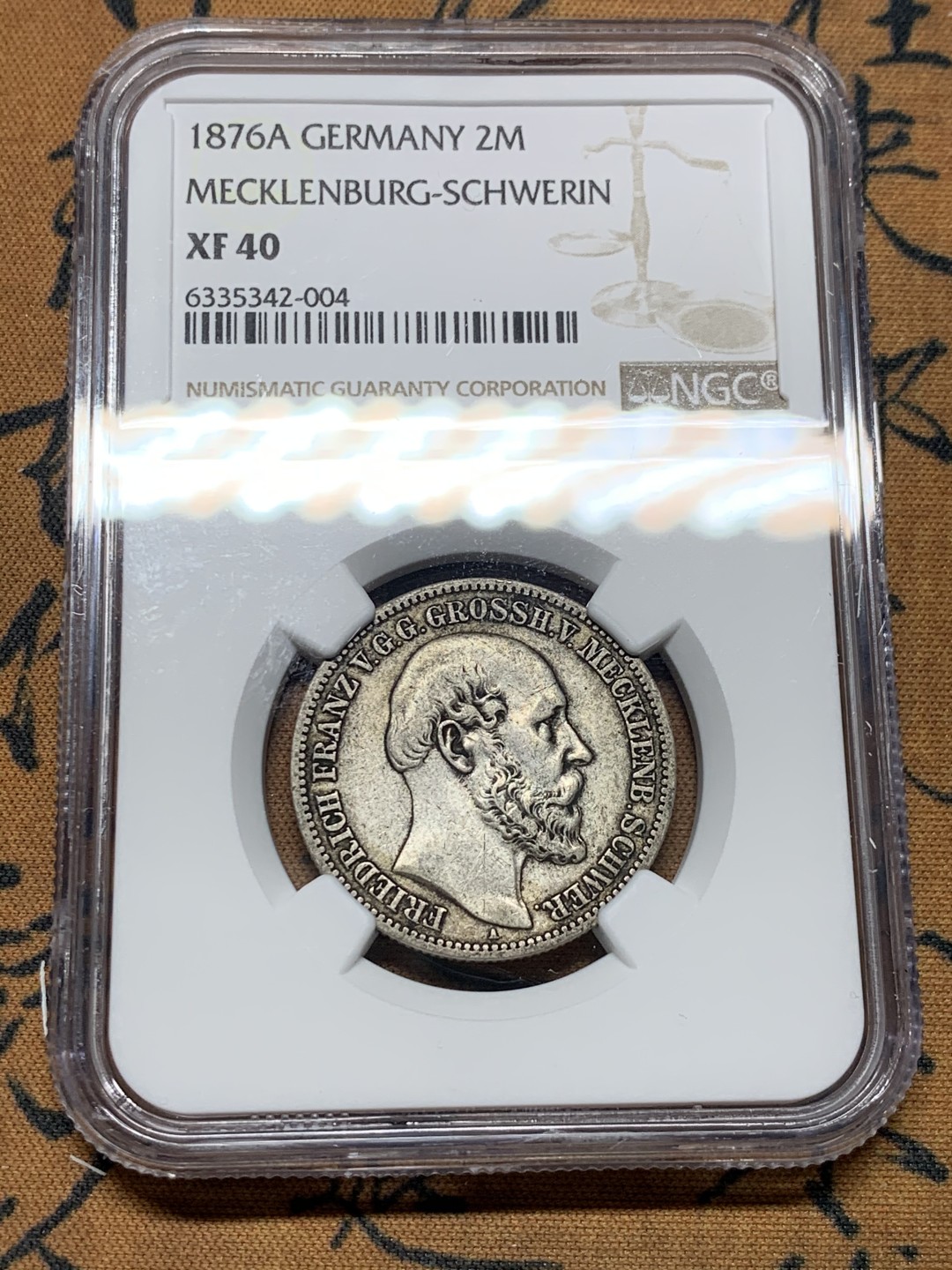 《竞宝斋》第38场-本周一 （全场顺丰包邮） 1876年 NGC XF40 德意志帝国梅克伦堡什未林公国弗里德里希弗兰茨2马克银币 极少见