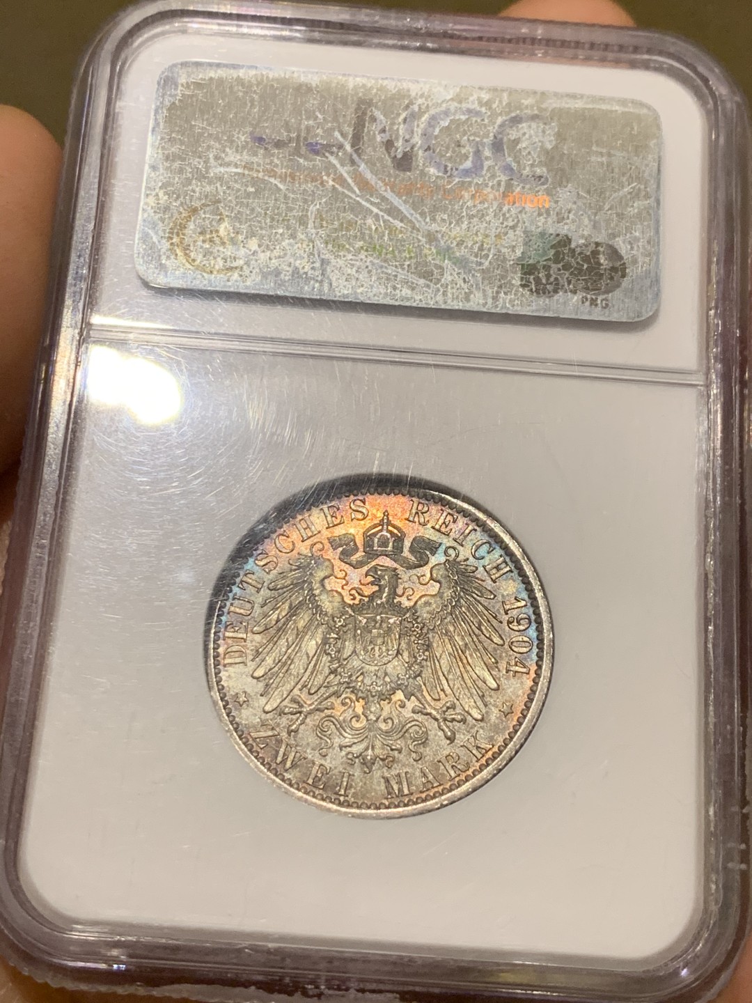 《竞宝斋》第38场-本周一 （全场顺丰包邮） 1904年 NGC MS64 德国普鲁士威廉二世2马克银币 老盒严评