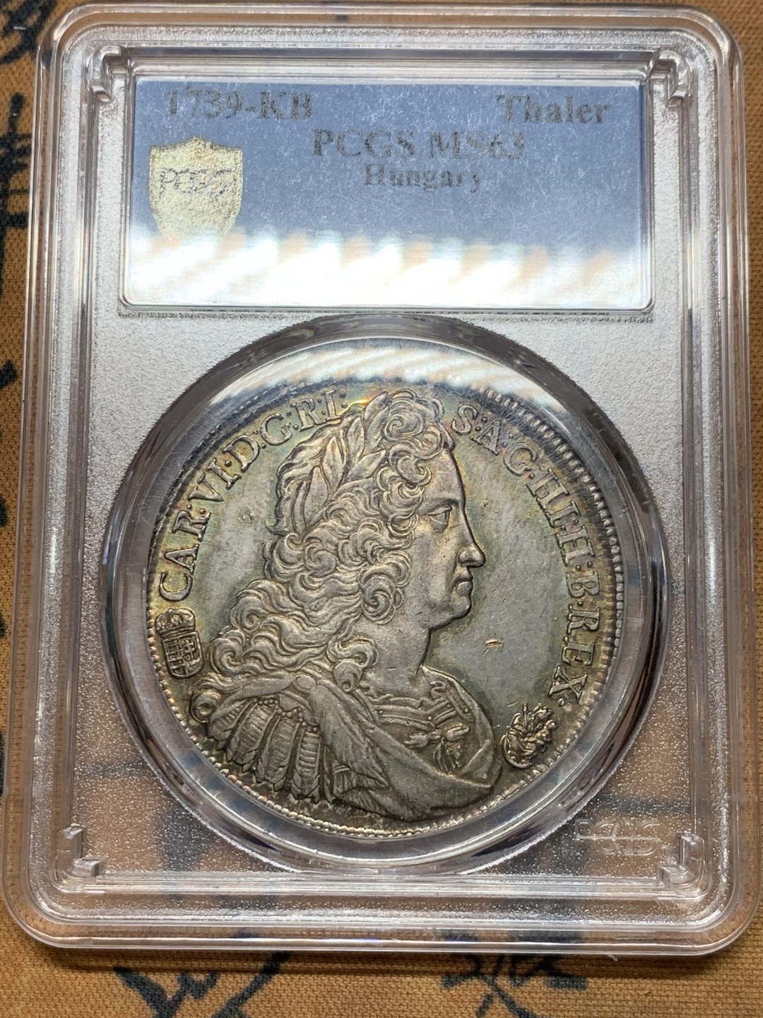 《竞宝斋》第38场-本周一 （全场顺丰包邮） PCGS-MS63 1739年神圣罗马帝国泰勒银币 匈牙利版，超炫五彩，唯一冠军分