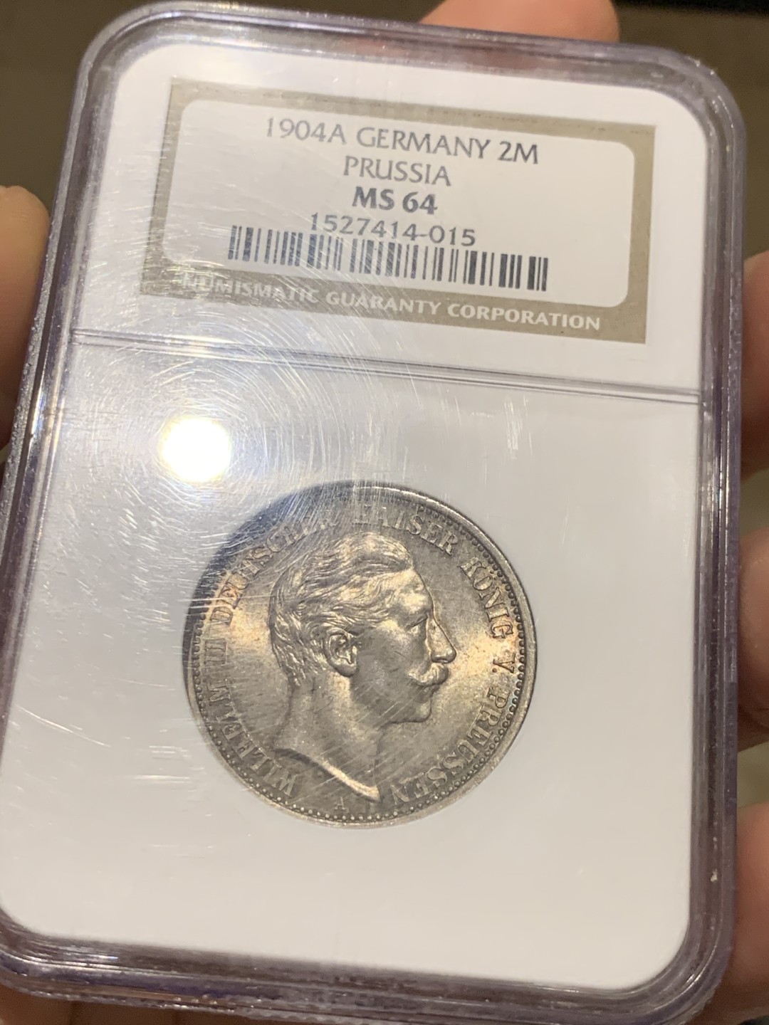 《竞宝斋》第38场-本周一 （全场顺丰包邮） 1904年 NGC MS64 德国普鲁士威廉二世2马克银币 老盒严评