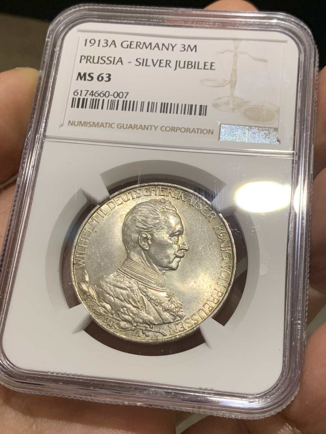 《竞宝斋》第38场-本周一 （全场顺丰包邮） NGC-MS63 德国普鲁士 1913年 军装版 3马克 淡金彩 银币 非常漂亮