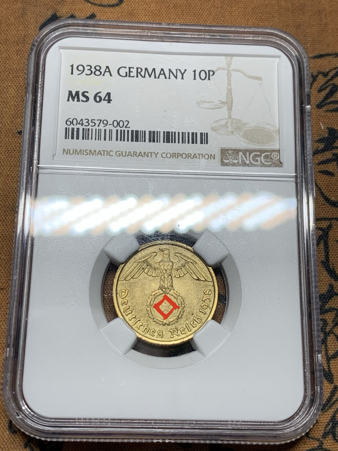 《竞宝斋》第38场-本周一 （全场顺丰包邮） NGC-MS64 德国 1938年A 10芬尼 铜币 难得开卷原光！
