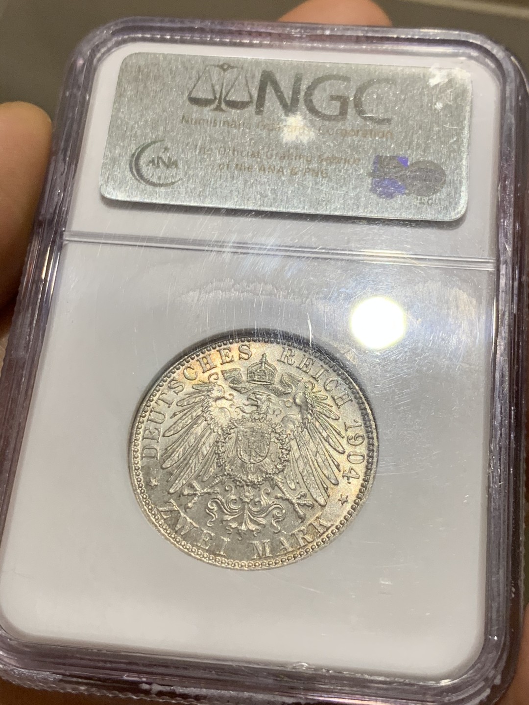 《竞宝斋》第38场-本周一 （全场顺丰包邮） 1904年 NGC MS64德国巴伐利亚奥托2马克银币 老盒严评