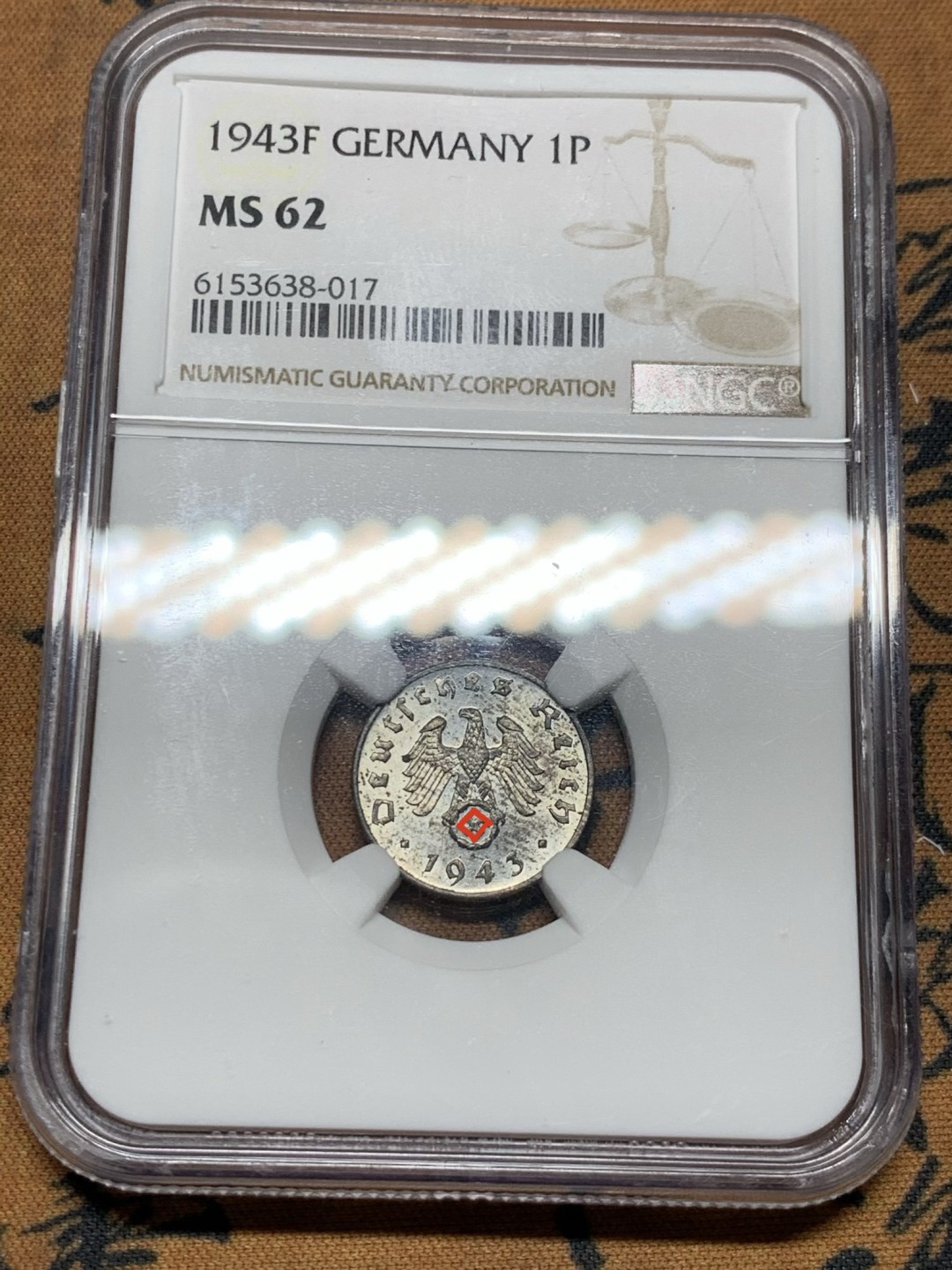 《竞宝斋》第38场-本周一 （全场顺丰包邮） NGC-MS62 德国 1943年F 1芬尼 锌币 锌币出分不易 完全未使用！