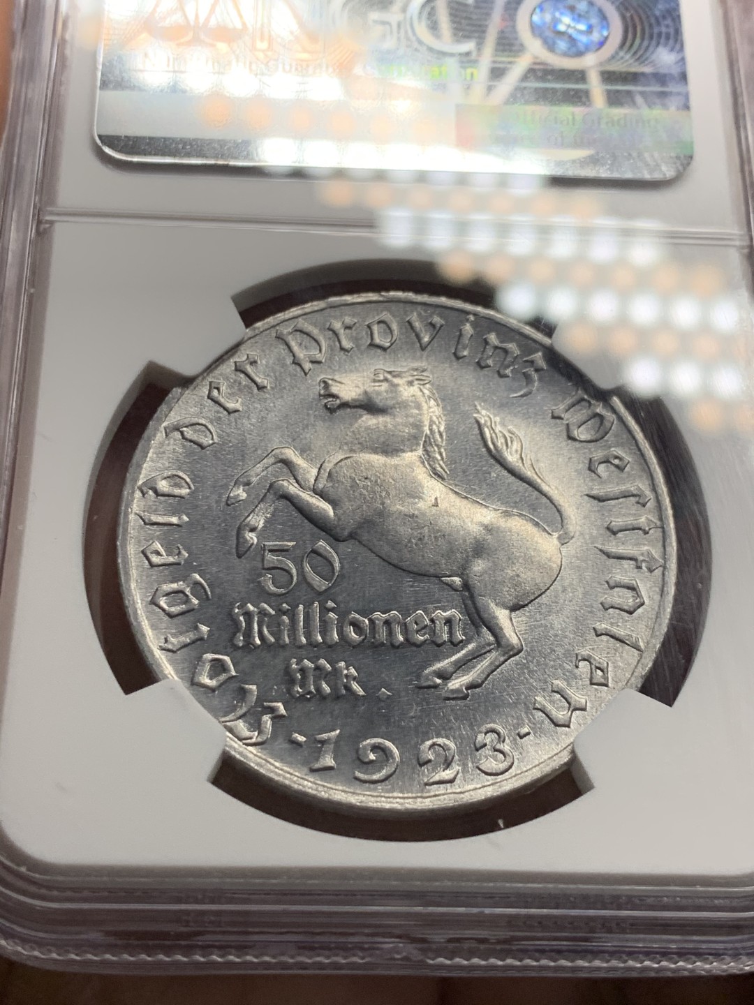 《竞宝斋》第38场-本周一 （全场顺丰包邮） NGC-MS63 德国魏玛共和国 1923年 5000万马克 铝币 大马币铝制的少见