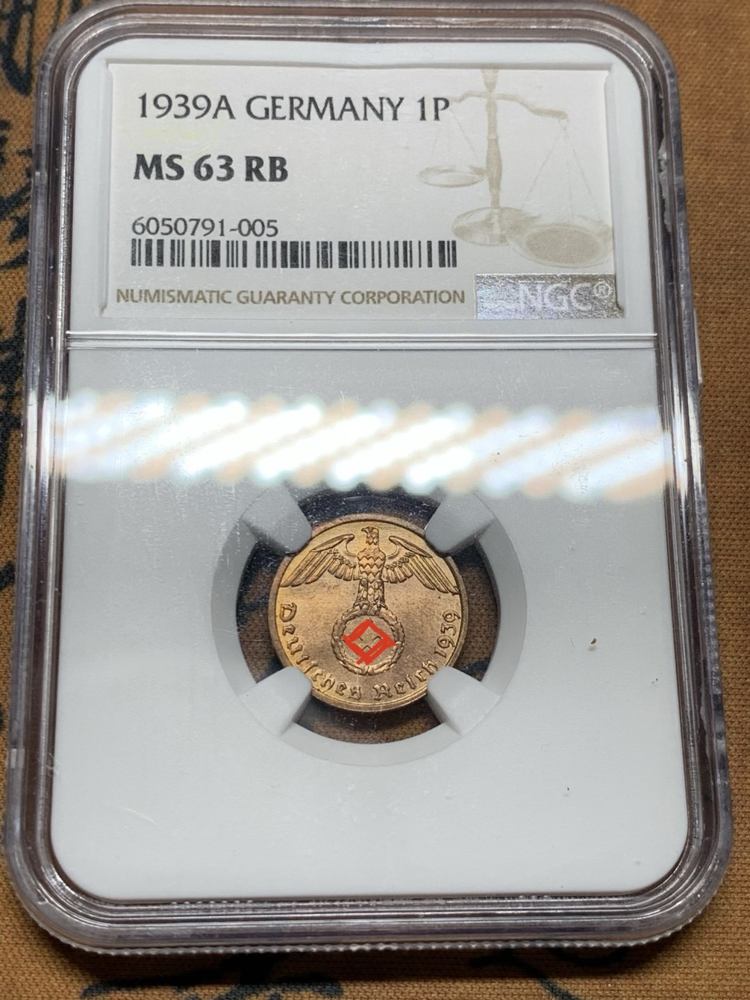 《竞宝斋》第38场-本周一 （全场顺丰包邮） NGC-MS63RB 德国 1939年A 1芬尼 铜币 难得开卷原光！