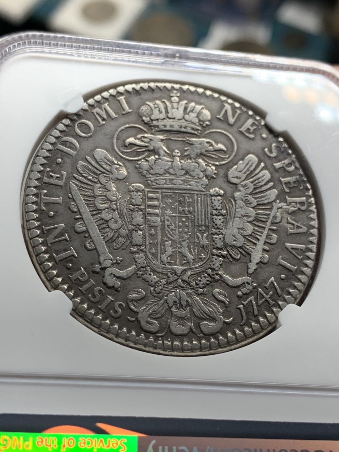 《竞宝斋》第38场-本周一 （全场顺丰包邮） 亚军分 NGC-VF35 意大利托斯卡纳 1747年 佛朗茨一世双头鹰 10宝利大银币 黑包浆 出分稀少