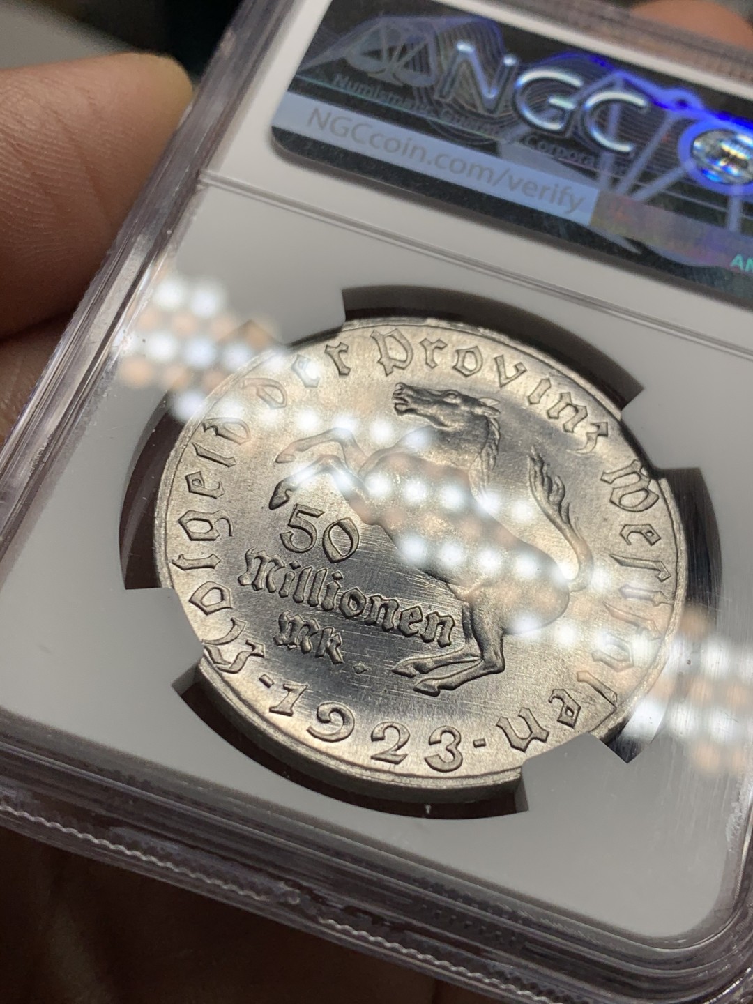 《竞宝斋》第38场-本周一 （全场顺丰包邮） NGC-MS63 德国魏玛共和国 1923年 5000万马克 铝币 大马币铝制的少见