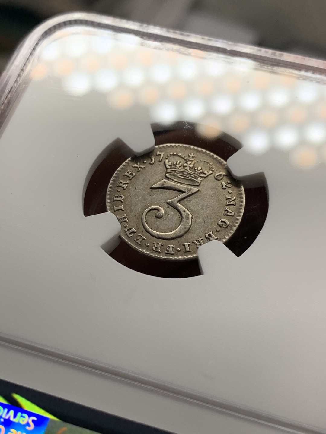 《竞宝斋》第38场-本周一 （全场顺丰包邮） NGC-AU53 英国 1762年 乔治三世 三便士 原味洗脚币 给分不容易