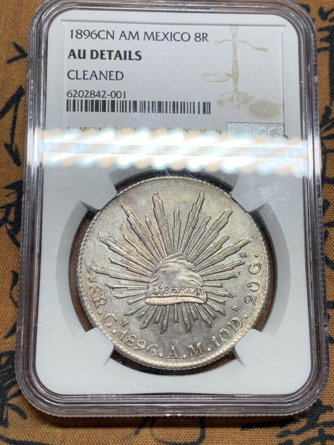 《竞宝斋》第38场-本周一 （全场顺丰包邮） NGC-AU级 墨西哥1896年 墨西哥8R鹰洋 原味淡彩 全羽状态