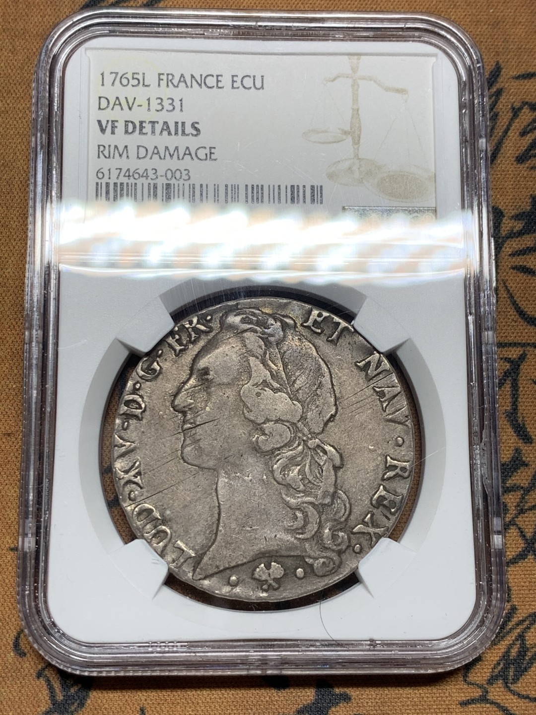《竞宝斋》第38场-本周一 （全场顺丰包邮） NGC-VF 法国 1765-L年 路易十五 ECU 大银币 给分可惜
