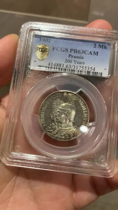 《竞宝斋》第38场-本周一 （全场顺丰包邮） 1901年 PCGS PR63CAM 德国普鲁士建邦200周年纪念2马克银币 ,镜面