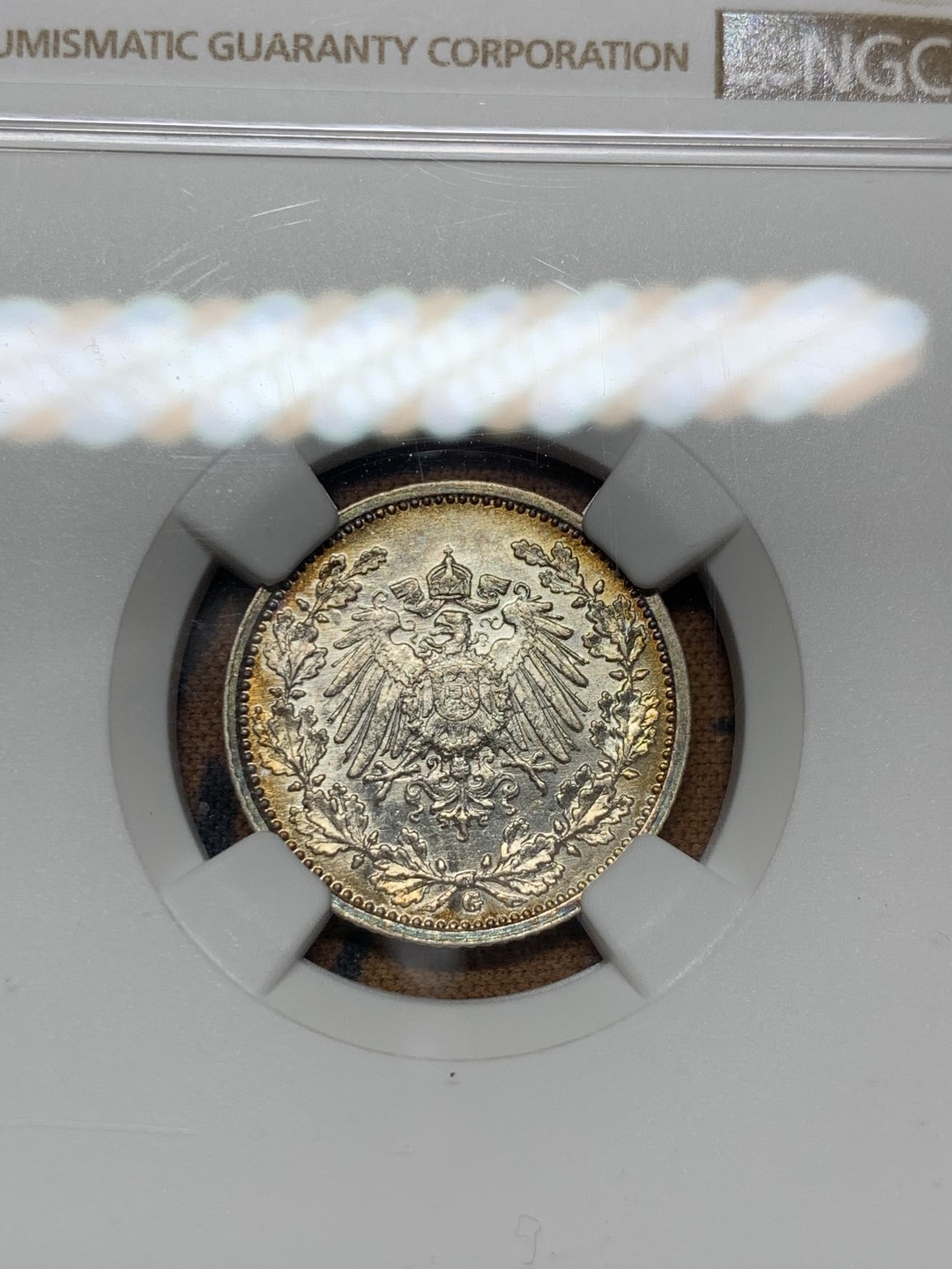 《竞宝斋》第38场-本周一 （全场顺丰包邮） NGC-MS61 德国 1916年 1/2马克 银币  双面五彩重彩包浆