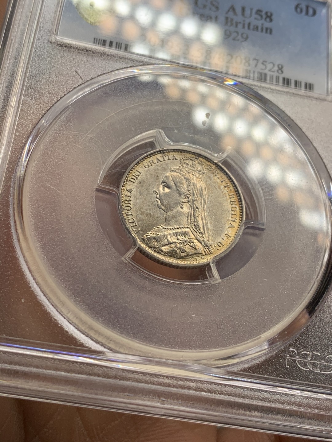 《竞宝斋》第38场-本周一 （全场顺丰包邮） PCGS AU58  英国 1888年 标注面值版 6便士 银币 少见品种 淡彩包浆