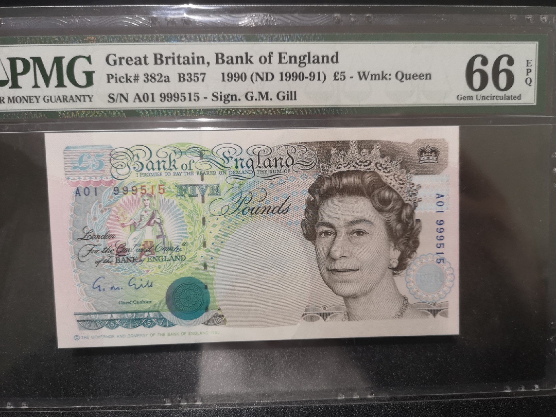 《外钞收藏家》第一百七十期拍卖（本期59件） 1990年英国E序列10镑 PMG66 首发冠A01 无47 初版 关门号 靓号