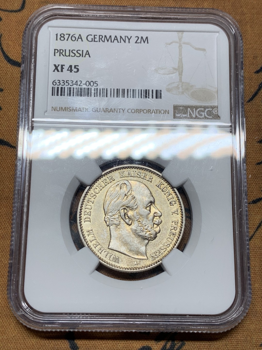 《竞宝斋》第38场-本周一 （全场顺丰包邮） 1876年 NGC XF45 德意志帝国普鲁士威廉一世2马克银币 