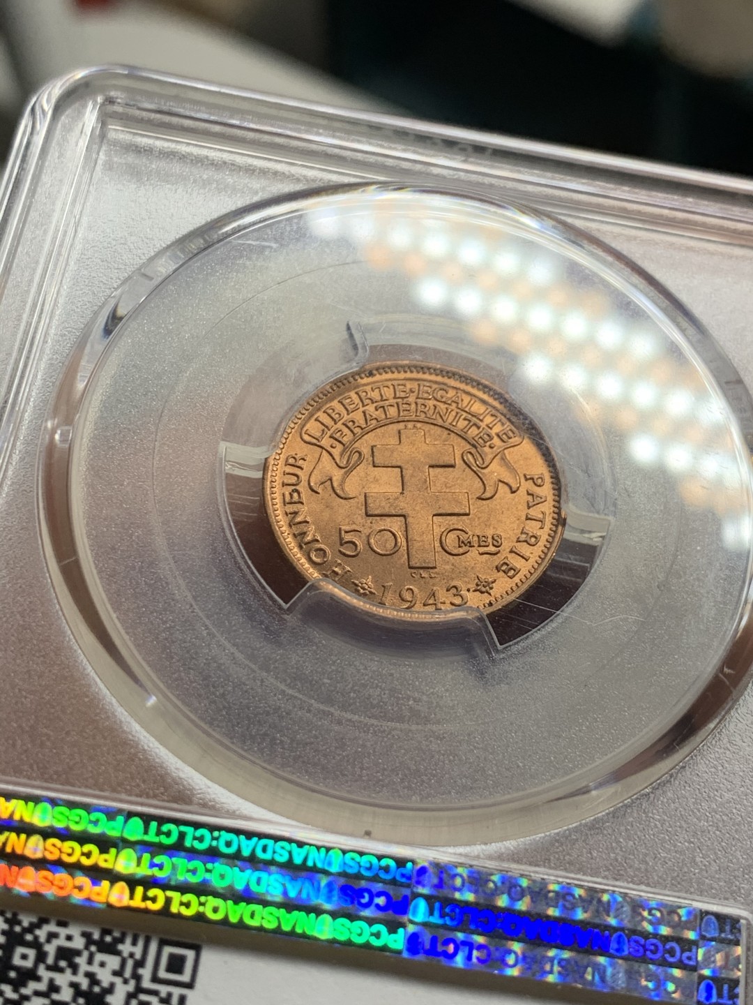 《竞宝斋》第38场-本周一 （全场顺丰包邮） PCGS-MS 66RD 法属喀麦隆1943年50分 铜光充沛 亚军分