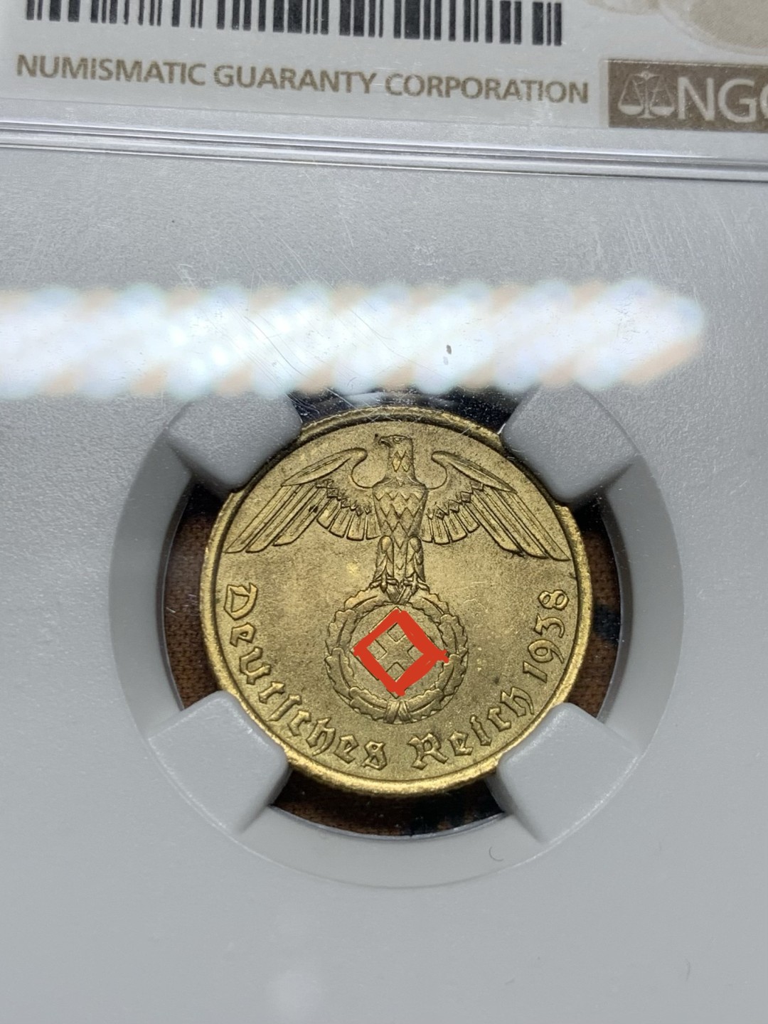 《竞宝斋》第38场-本周一 （全场顺丰包邮） NGC-MS64 德国 1938年A 10芬尼 铜币 难得开卷原光！